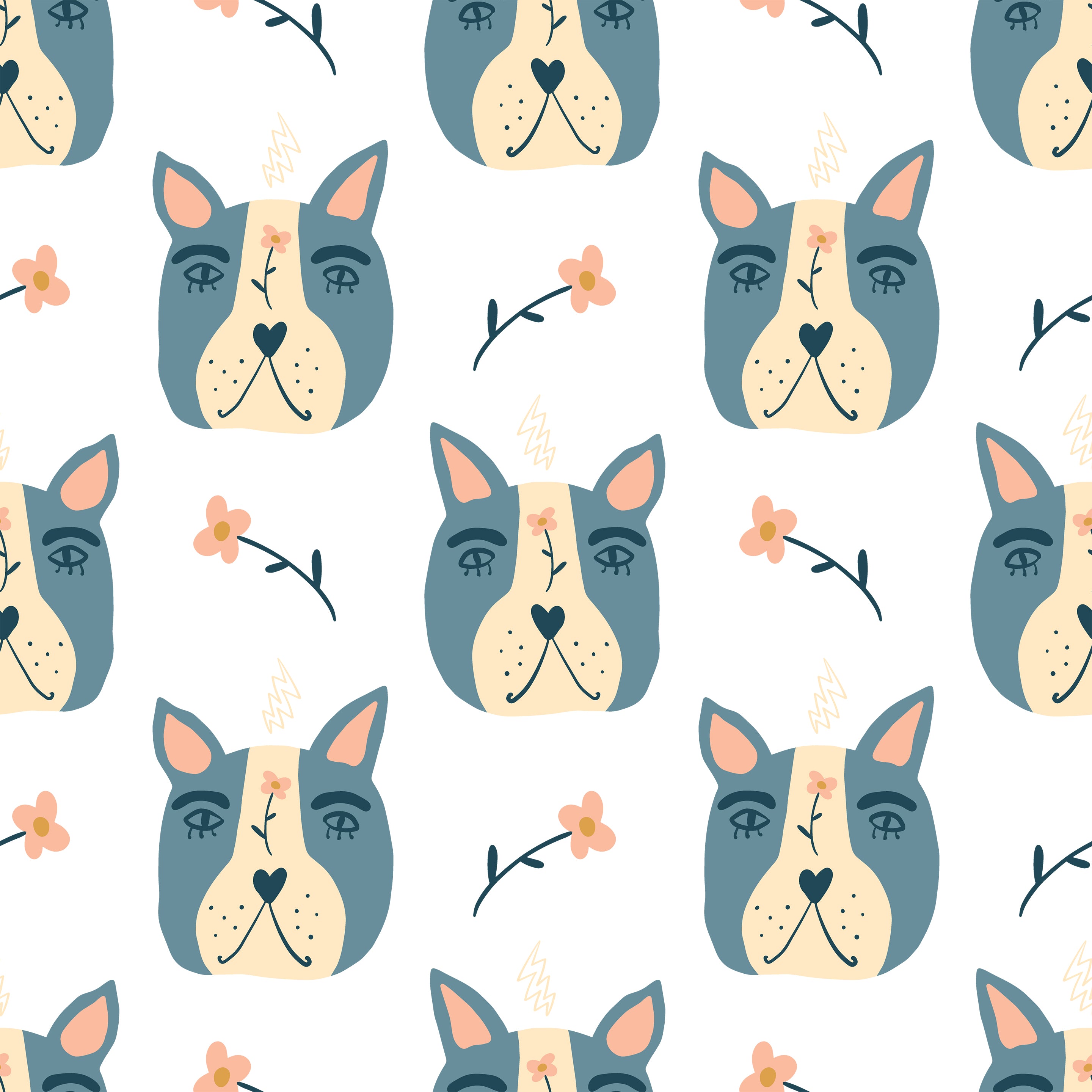 Playful and endearing wallpaper pattern from 'Dogs Wallpaper 47' featuring stylized blue and cream dog faces interspersed with pink floral motifs and small lightning bolts on a white background. This charming design is ideal for adding a touch of whimsy and color to any room.
