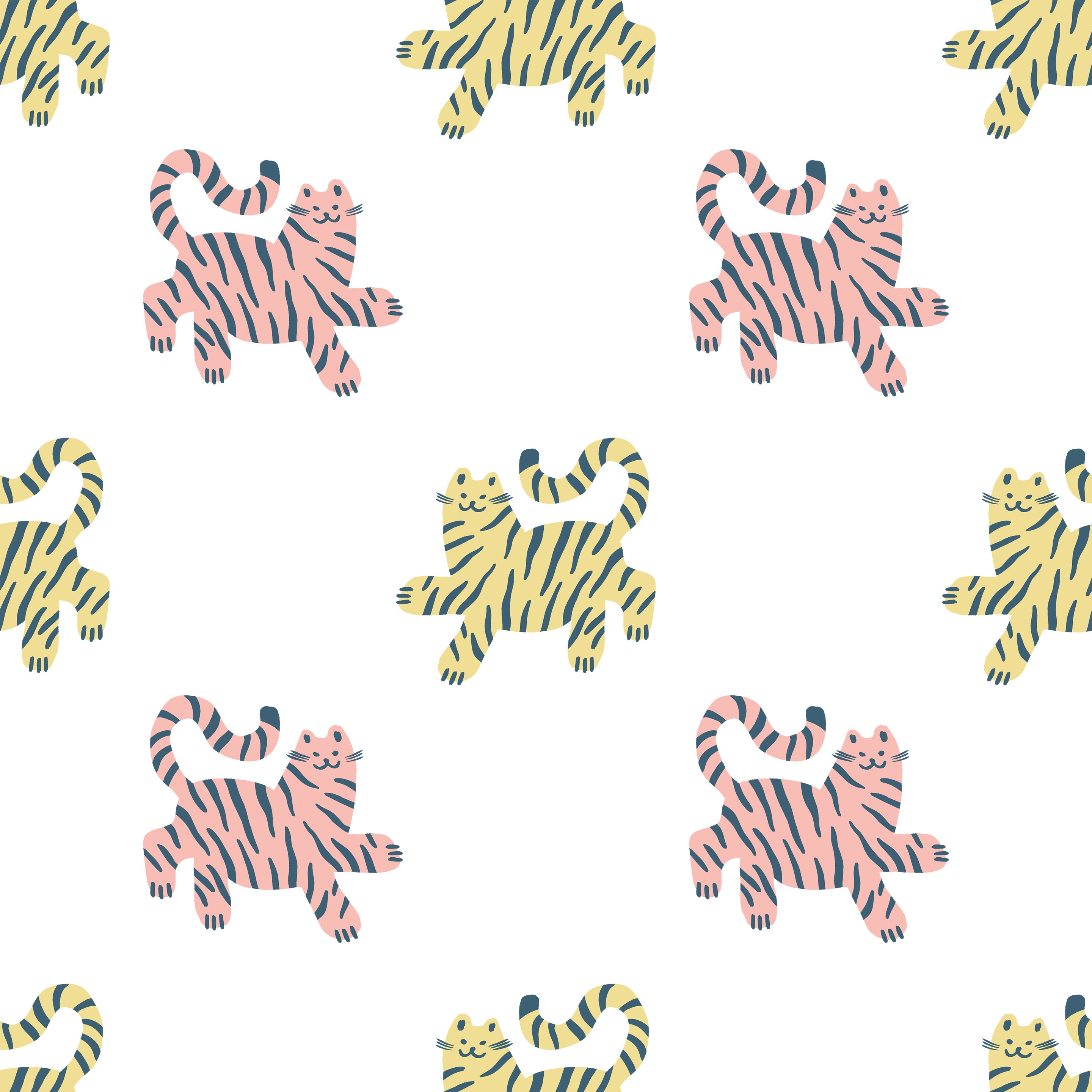 Vibrant and playful wallpaper pattern featuring pink and yellow striped cats in dynamic, leaping poses on a white background. 'Cat Wallpaper 3' is perfect for adding a lively and joyful touch to any room, especially suitable for children's areas or creative spaces