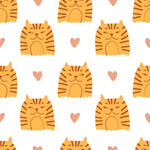 Adorable repeating pattern of striped orange tabby cats interspersed with pink hearts on a white background, designed for the 'Cat Wallpaper 9.' This playful wallpaper pattern is ideal for a fun and loving atmosphere in children's rooms or casual spaces.