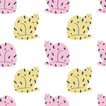 A playful and charming wallpaper design featuring rows of cats in pink and yellow, each adorned with abstract black markings. This repeating pattern offers a whimsical and vibrant aesthetic, ideal for a child's bedroom or creative space.