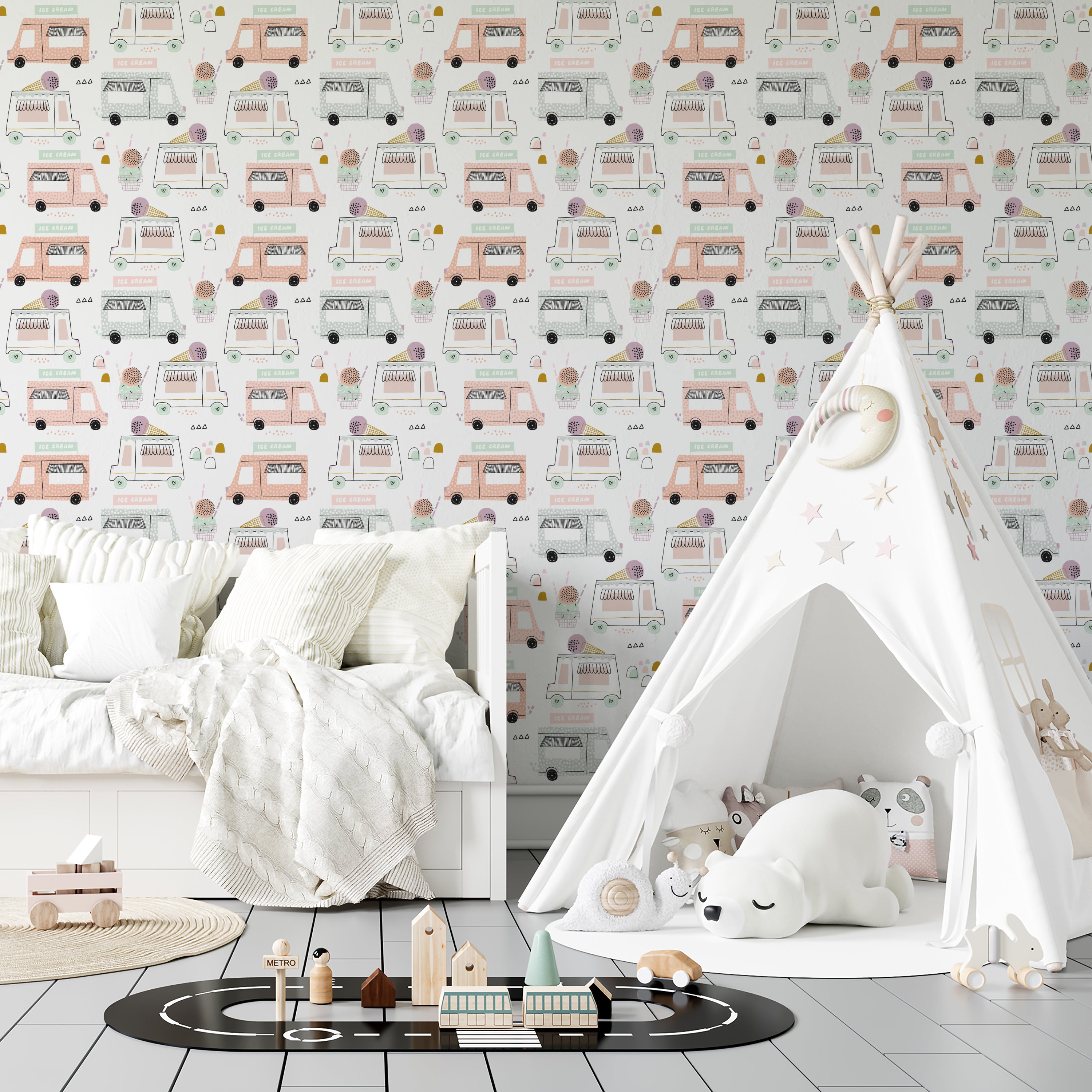 Child’s bedroom featuring walls adorned with a fun wallpaper displaying ice cream trucks and various ice cream illustrations, creating a vibrant and cheerful play space, complemented by a white tent and playful decor.