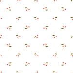 A simple yet charming wallpaper pattern featuring small clusters of red cherries with green leaves spaced evenly over a clean white background, giving a fresh and cheerful look