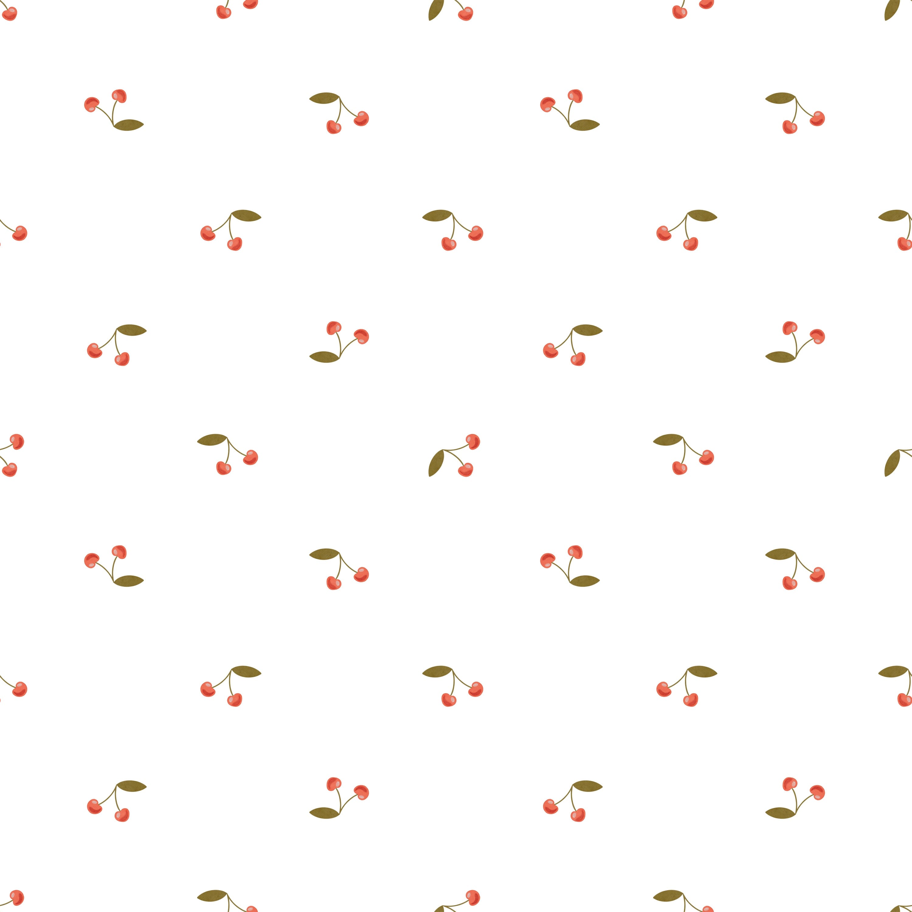 A simple yet charming wallpaper pattern featuring small clusters of red cherries with green leaves spaced evenly over a clean white background, giving a fresh and cheerful look