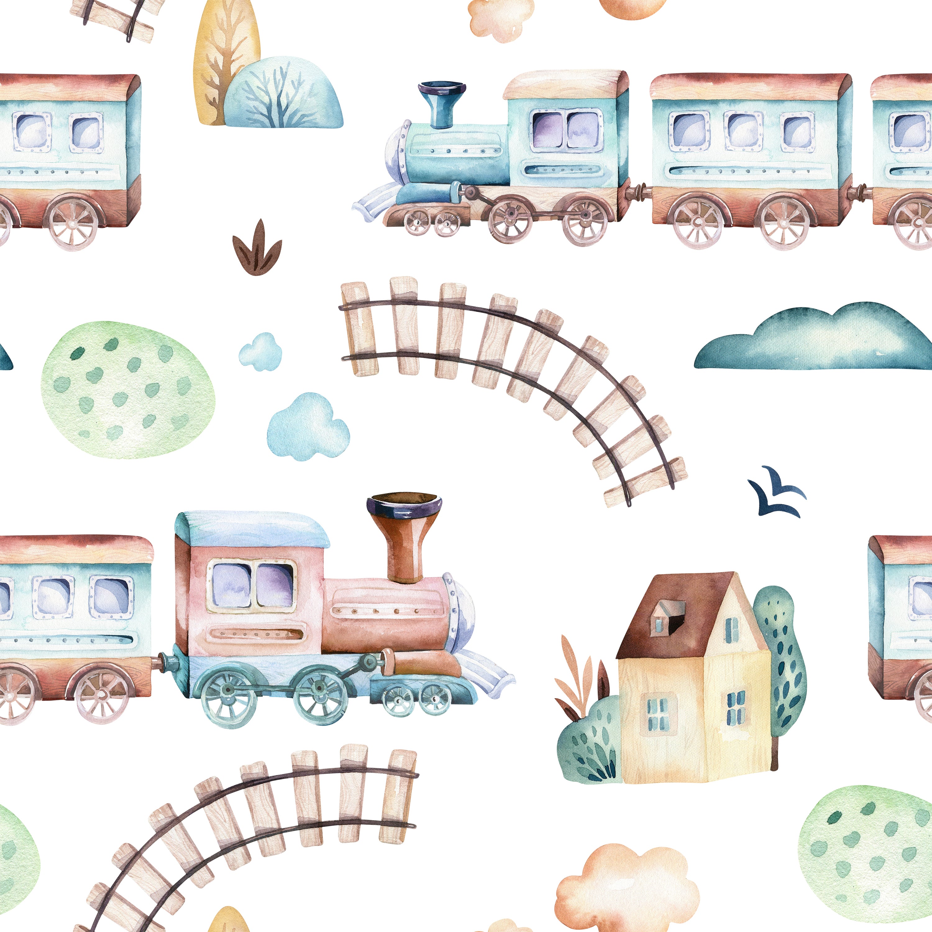 Close-up view of 'Trains and Planes Kids Wallpaper' showcasing a playful and colorful design of vintage trains, airplanes, and houses set among trees and tracks on a pastel background. The pattern includes elements like railroad tracks, fluffy clouds, and small details like leaves and birds, creating a whimsical scene.
