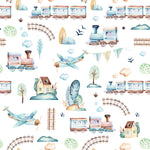 A child's bedroom featuring 'Trains and Planes Kids Wallpaper II.' This captivating wallpaper displays a playful arrangement of colorful trains, propeller planes, whimsical houses, and verdant trees. The room is styled with modern furniture and playful toys, creating a vibrant and inspiring space for children.