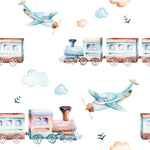 Close-up view of the 'Trains and Planes Kids Wallpaper III' showcasing a delightful pattern of old-fashioned trains and airplanes. The wallpaper features detailed illustrations in soft hues of blue and peach, with playful clouds and small birds, ideal for sparking a child's imagination about travel and adventure.