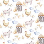 A detailed view of the 'Watercolor Farm Animals' wallpaper featuring whimsical illustrations of farm life. The design includes grey pigs, chickens with their chicks, traditional farmhouses, and fluffy clouds, all painted in soft watercolors against a light background.