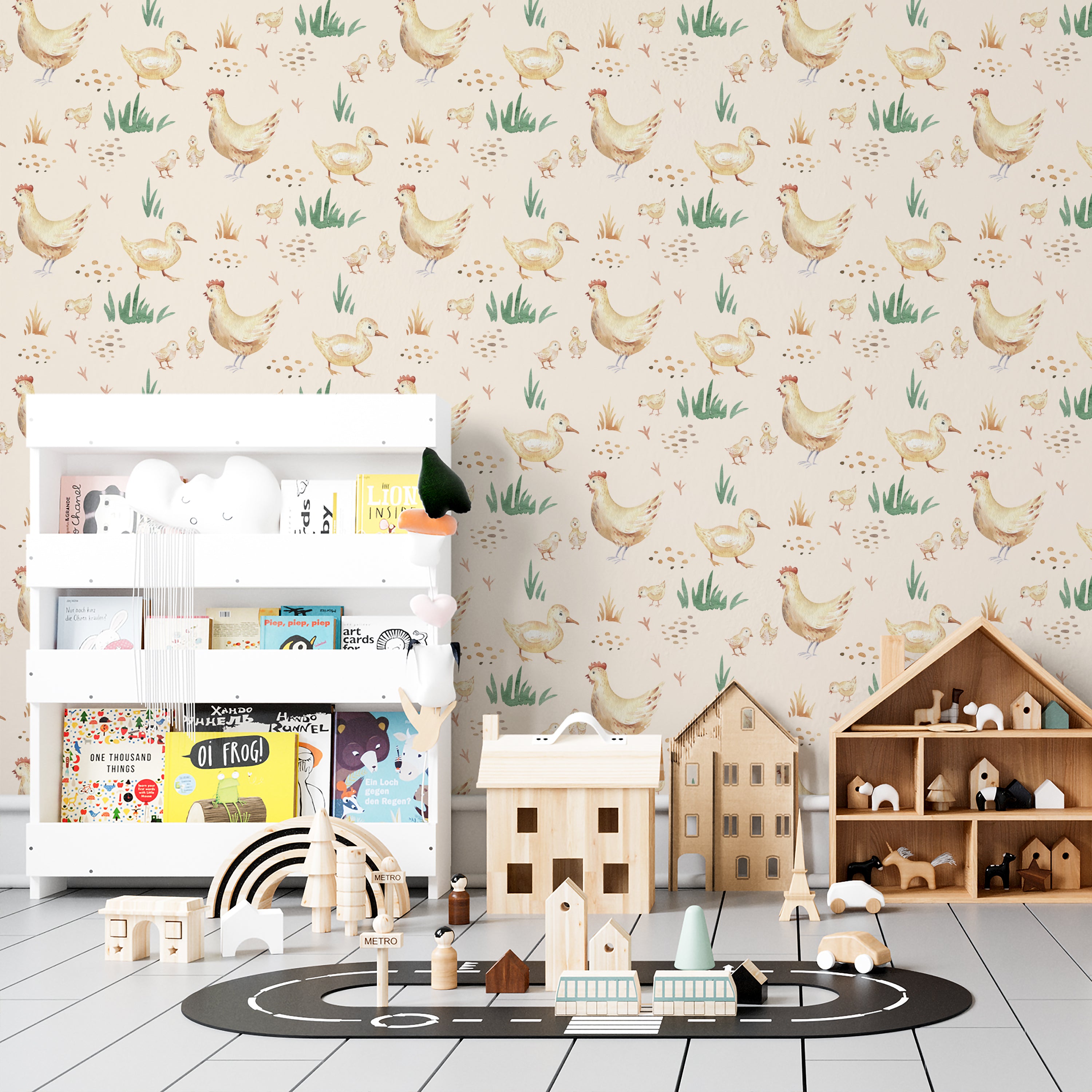 A child's playroom featuring walls adorned with a watercolor wallpaper that displays a pattern of chickens, chicks, ducks, and ducklings in a pastoral scene. The room includes wooden toys and a house-shaped shelf filled with various playful items.