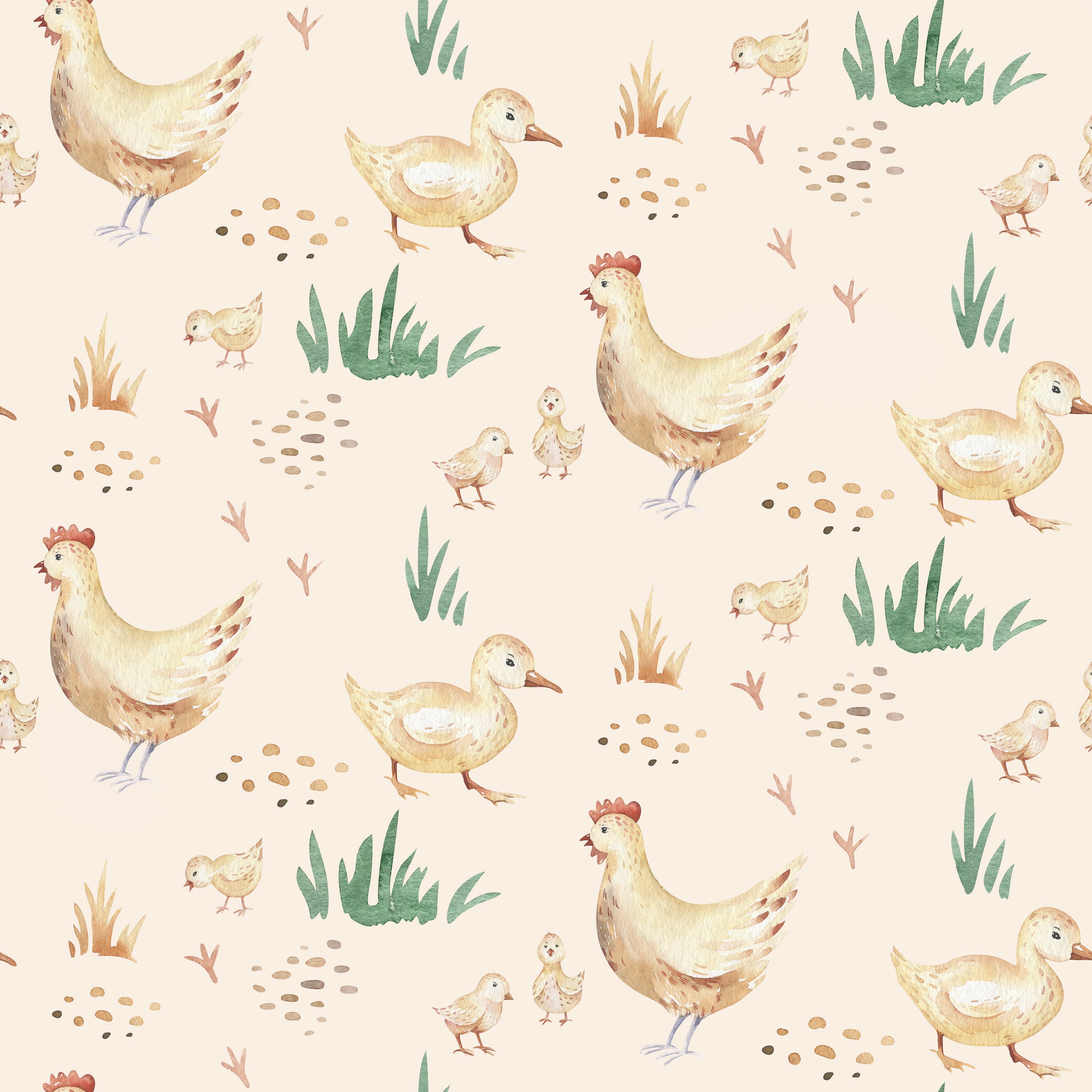 Close-up view of a watercolor wallpaper featuring farm animals. The pattern includes hand-painted illustrations of chickens, chicks, ducks, and ducklings scattered amidst tufts of grass and small pebbles on a soft peach background.