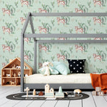 Watercolor Farm Animals III wallpaper showcasing playful patches of brown and white cows among watercolor green trees and soft, scattered stones on a serene mint green backgroundA child's bedroom beautifully adorned with Watercolor Farm Animals III wallpaper, featuring a charming pattern of cows and trees, complemented by a modern loft bed and whimsical room accessories