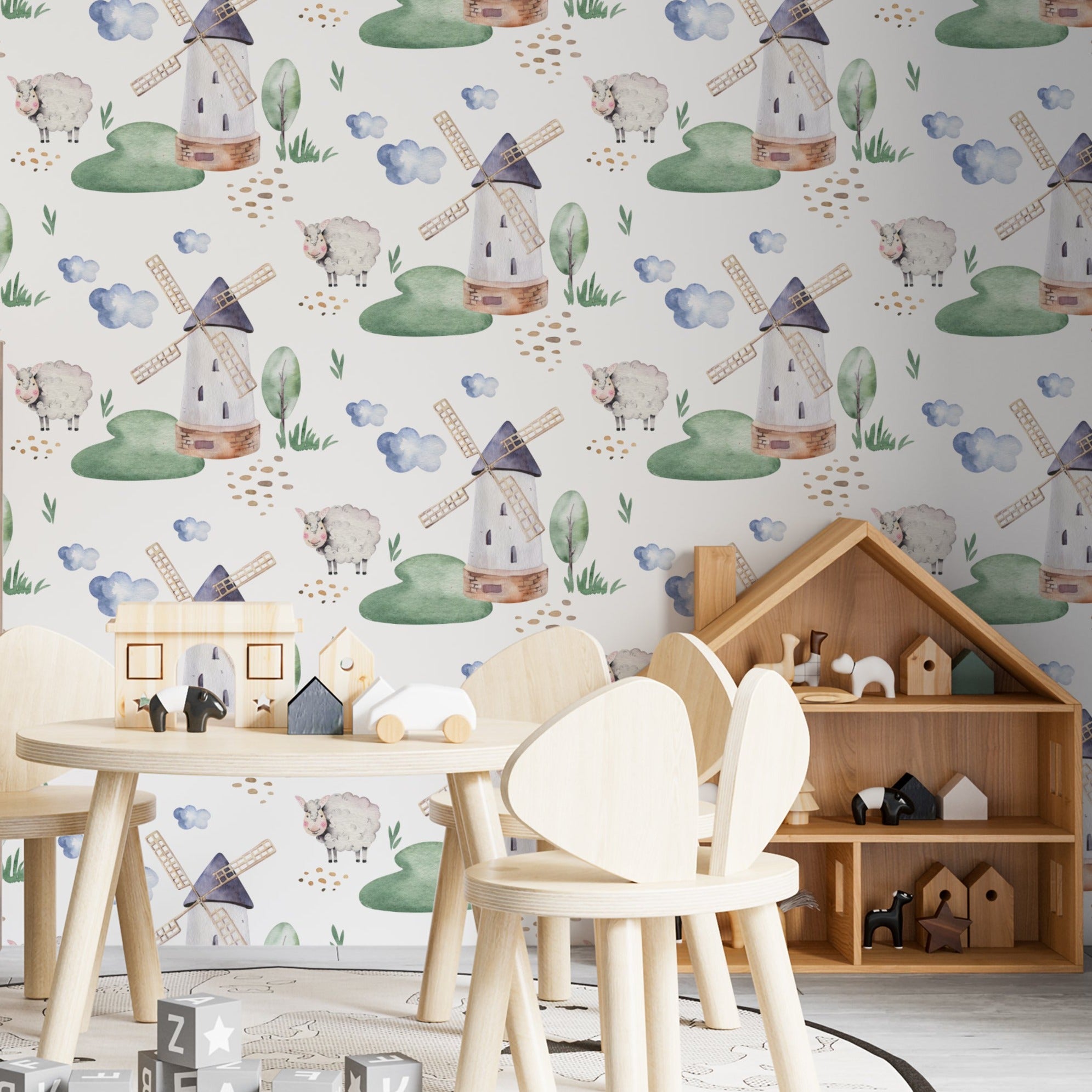 Children's playroom decorated with Watercolor Farm Animals IV wallpaper, showing a pattern of windmills, sheep, and soft natural elements, complemented by wooden children's furniture and playful decor.