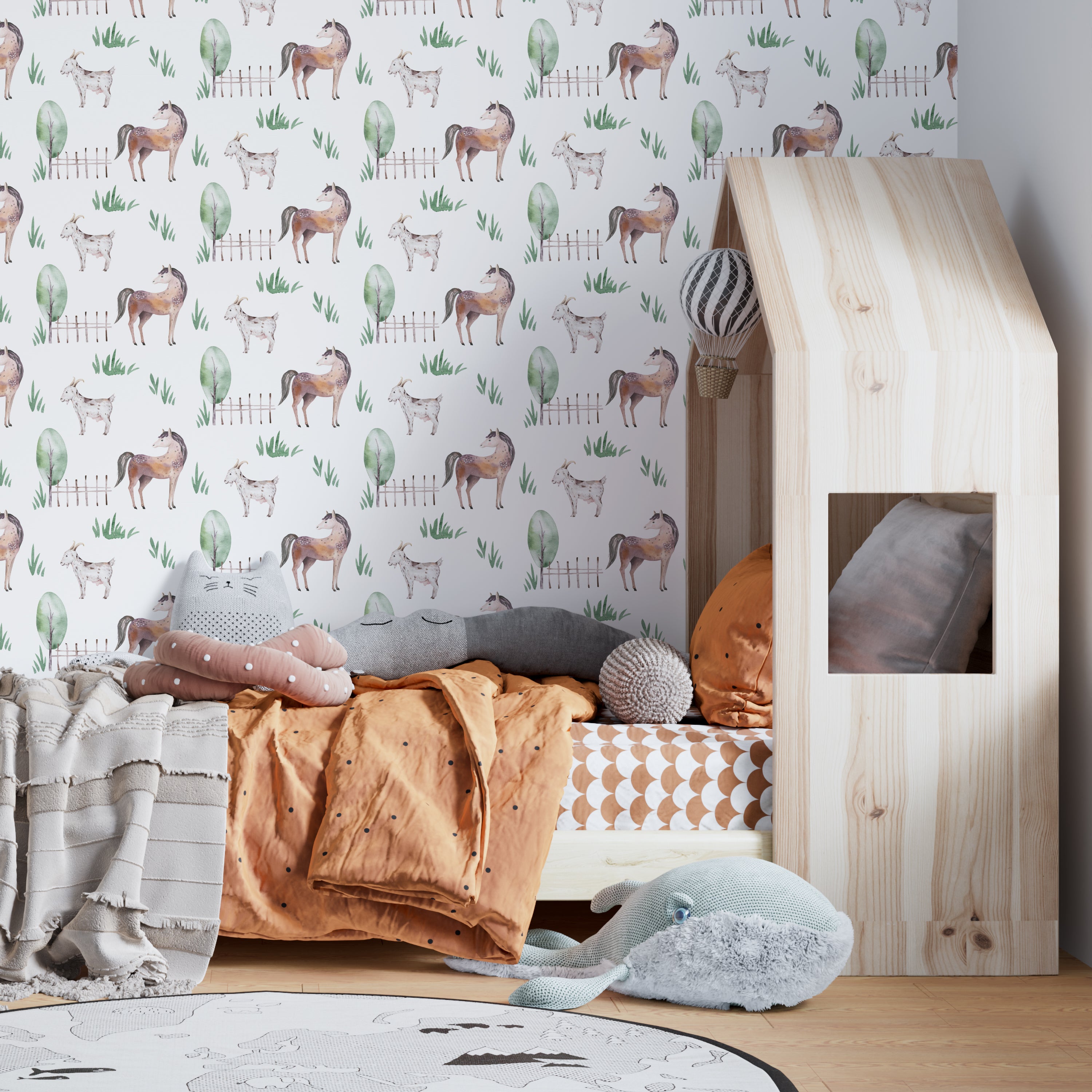 A child's bedroom wall covered with 'Watercolor Farm Animals V' wallpaper, showing pastoral scenes with horses and goats, green trees, and wooden fences, creating a tranquil farm-inspired atmosphere