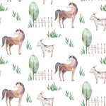 Delightful 'Watercolor Farm Animals V' wallpaper featuring charming watercolor illustrations of horses and goats among greenery and rustic fences on a white background, perfect for a child's room or nursery.