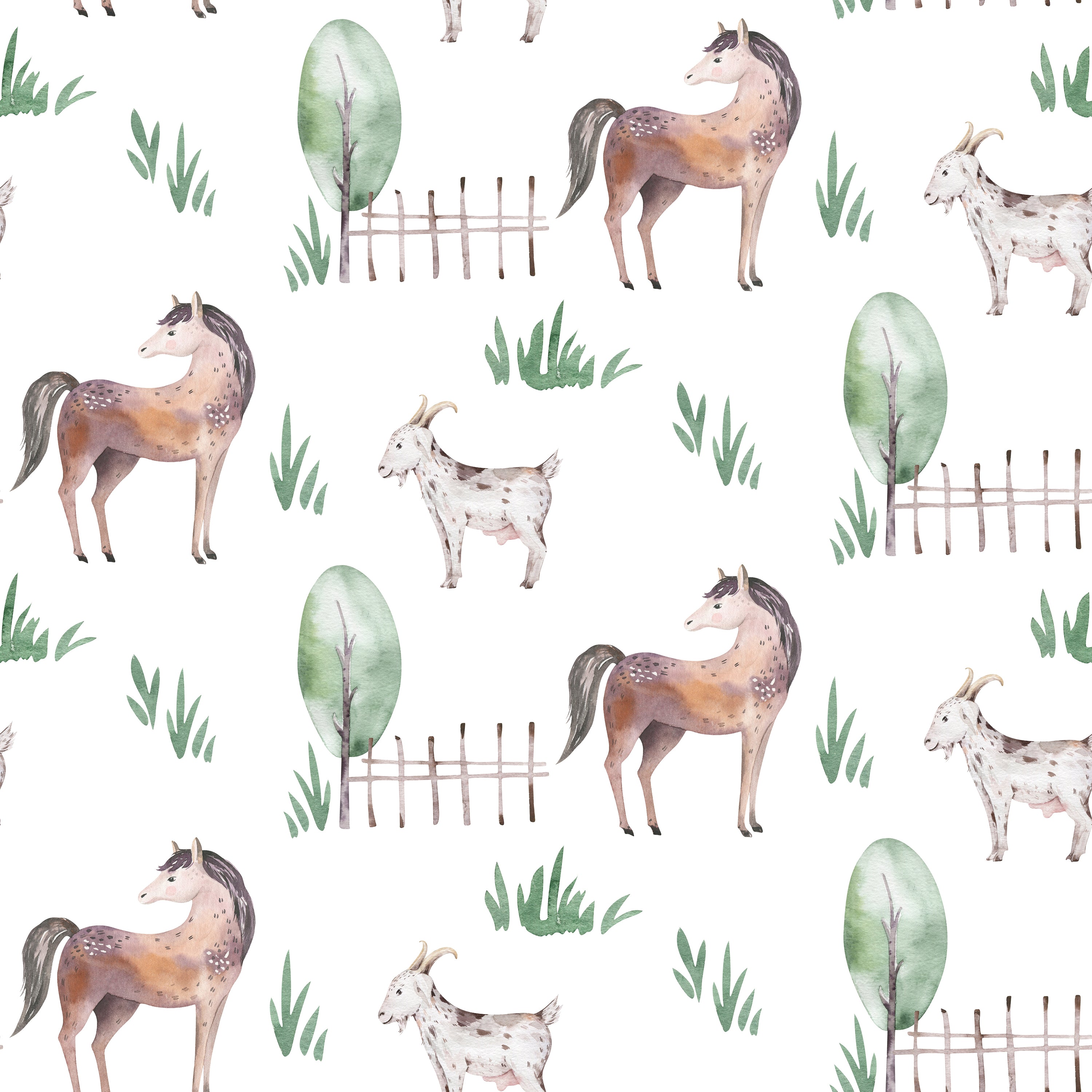 Delightful 'Watercolor Farm Animals V' wallpaper featuring charming watercolor illustrations of horses and goats among greenery and rustic fences on a white background, perfect for a child's room or nursery.