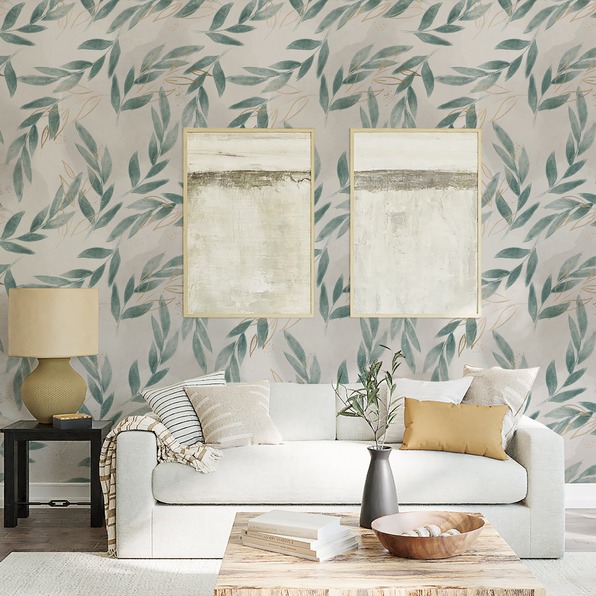 A contemporary living room enhanced by Shimmering Floral Wallpaper, showcasing a tranquil leaf pattern in teal and gold, perfectly complementing modern furnishings and neutral tones