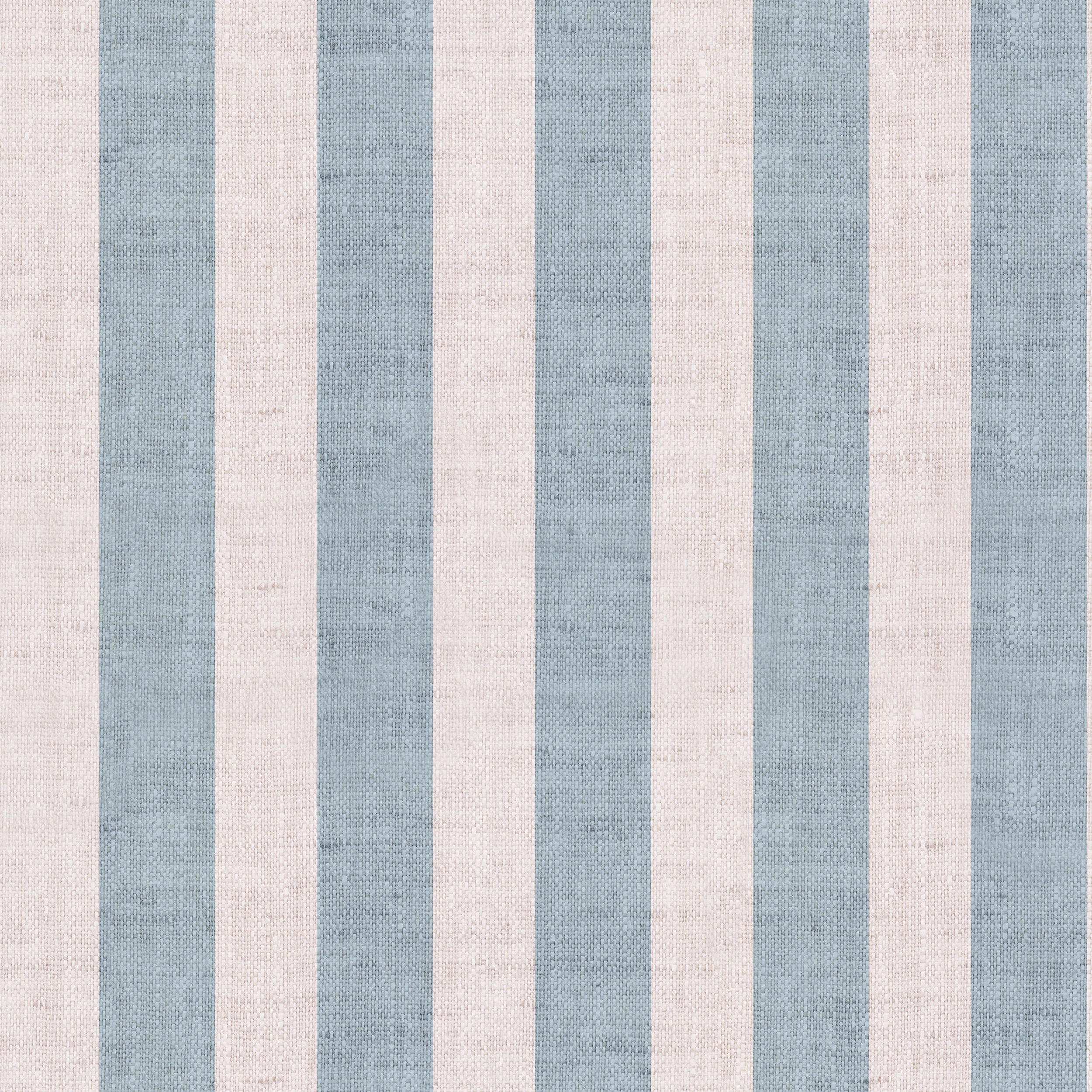 Close-up of Ticking Fabrics 7 II Wallpaper featuring alternating vertical stripes in soft blue and pale cream. The texture resembles a woven linen fabric, conveying a simple yet elegant aesthetic suitable for various interior styles.