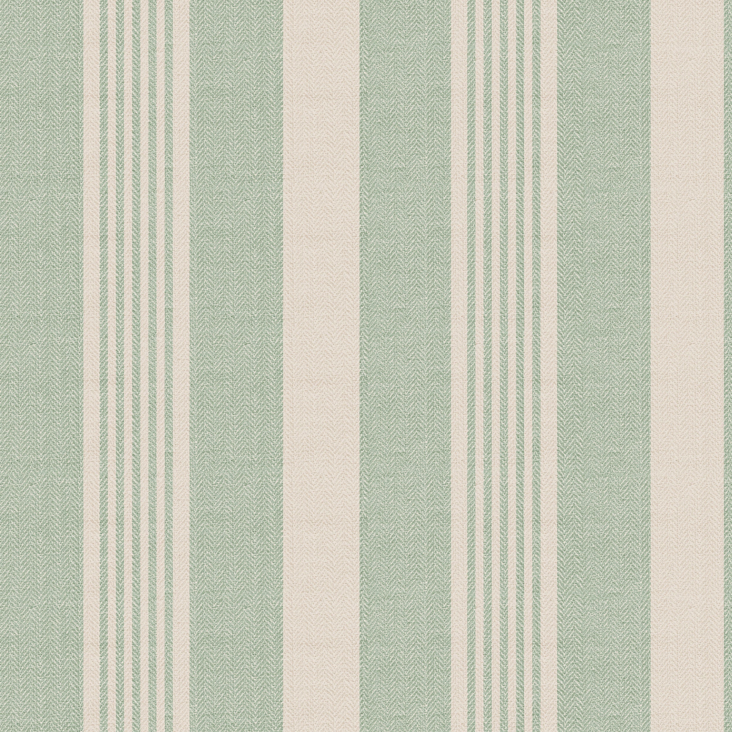 Close-up of Ticking Fabrics 12 Wallpaper featuring elegant vertical stripes in soft sage green and pale cream. The texture is reminiscent of a fine hessian fabric, providing a refreshing and serene aesthetic suitable for sophisticated spaces