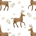 Close-up of Forest Stag Wallpaper depicting a repeating pattern of brown stags in various poses, surrounded by small green leaves on a white background, offering a vibrant and nature-inspired look ideal for creating a focal point in any room.