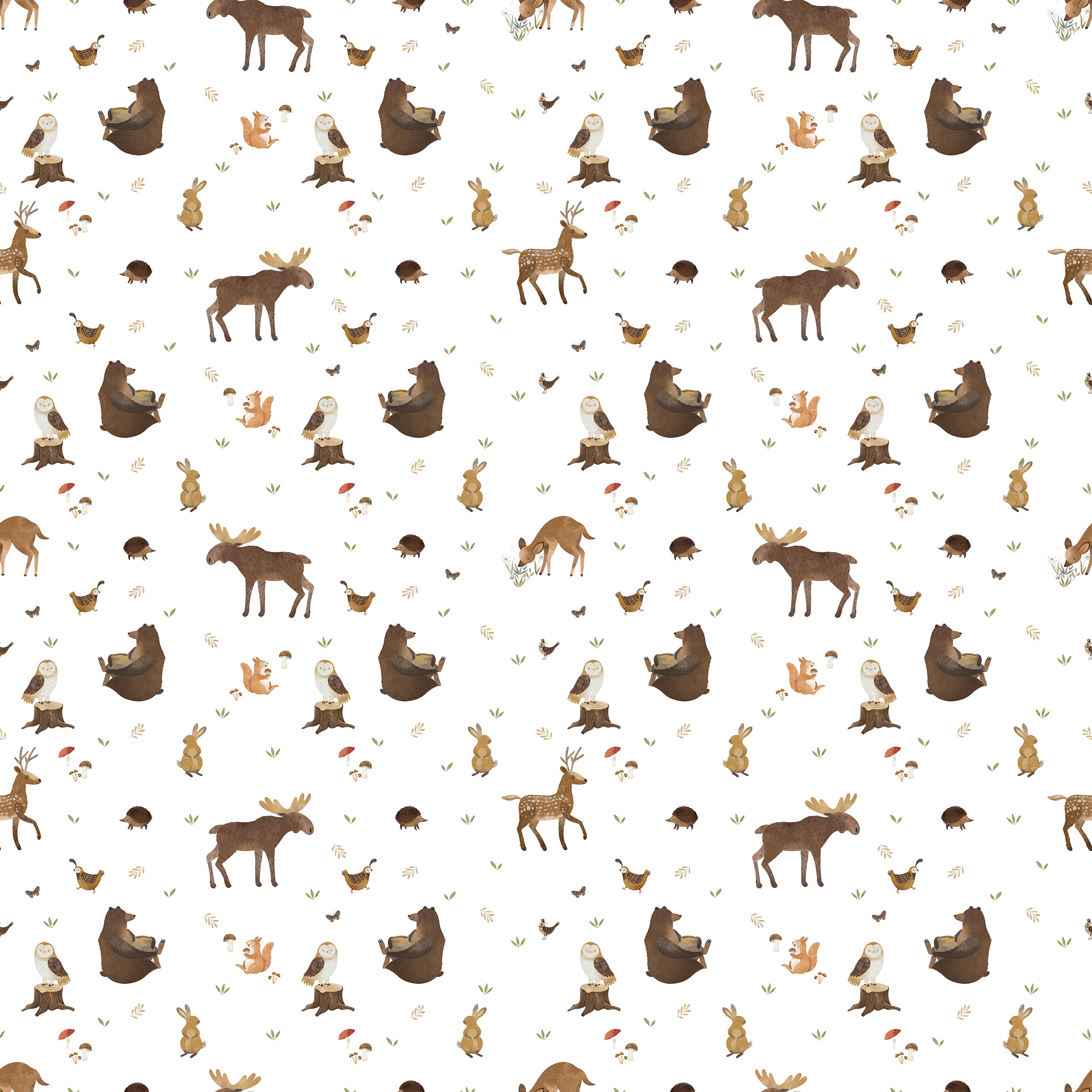 Close-up view of Deer and Bear Wallpaper featuring a playful pattern of deer and bears in various poses with small forest elements like leaves and bushes on a white background, perfect for adding a whimsical touch to any room