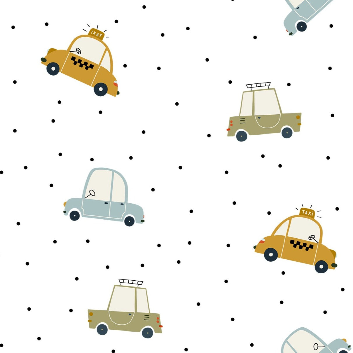 A playful pattern of cartoon-style cars in various designs, including taxis and tiny sedans, interspersed with small black dots on a white background, ideal for children's rooms.