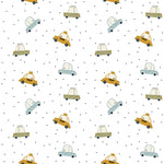 A playful pattern of cartoon-style cars in various designs, including taxis and tiny sedans, interspersed with small black dots on a white background, ideal for children's rooms.