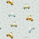 Playful pattern of Cute Cars Wallpaper featuring colorful cartoon-style cars in blue and yellow, interspersed with black dots on a light gray background. The charming design is perfect for a child's room or play area, adding a fun and vibrant touch.