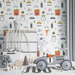 Children's nursery room adorned with Cute Cars Wallpaper 04, displaying a colorful and playful scene of animated vehicles driven by animals. The room setup includes a white crib surrounded by stuffed animals and toys, creating a lively and inviting atmosphere