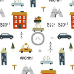 Engaging children's wallpaper featuring a variety of cartoon-style vehicles such as police cars, ambulances, and taxis, each driven by a different animal character against a backdrop with road signs, trees, and clouds