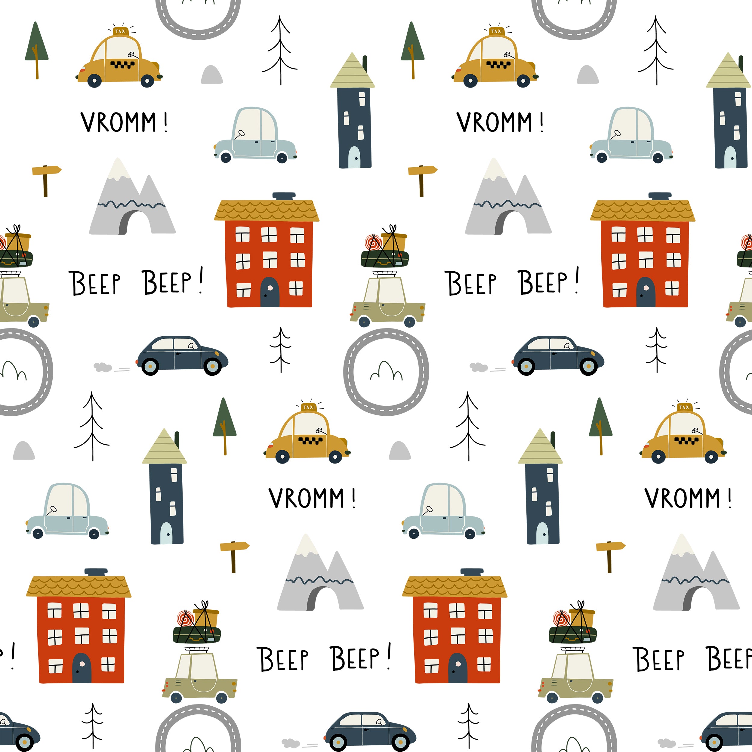 Engaging children's wallpaper featuring a variety of cartoon-style vehicles such as police cars, ambulances, and taxis, each driven by a different animal character against a backdrop with road signs, trees, and clouds