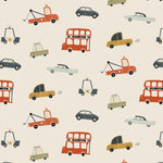 A playful and colorful pattern featuring vintage-inspired trucks and cars in shades of red, yellow, and blue on an ecru background. The Cute Trucks and Cars Wallpaper showcases various vehicles, including double-decker buses and tow trucks, creating a lively atmosphere suitable for children's spaces.