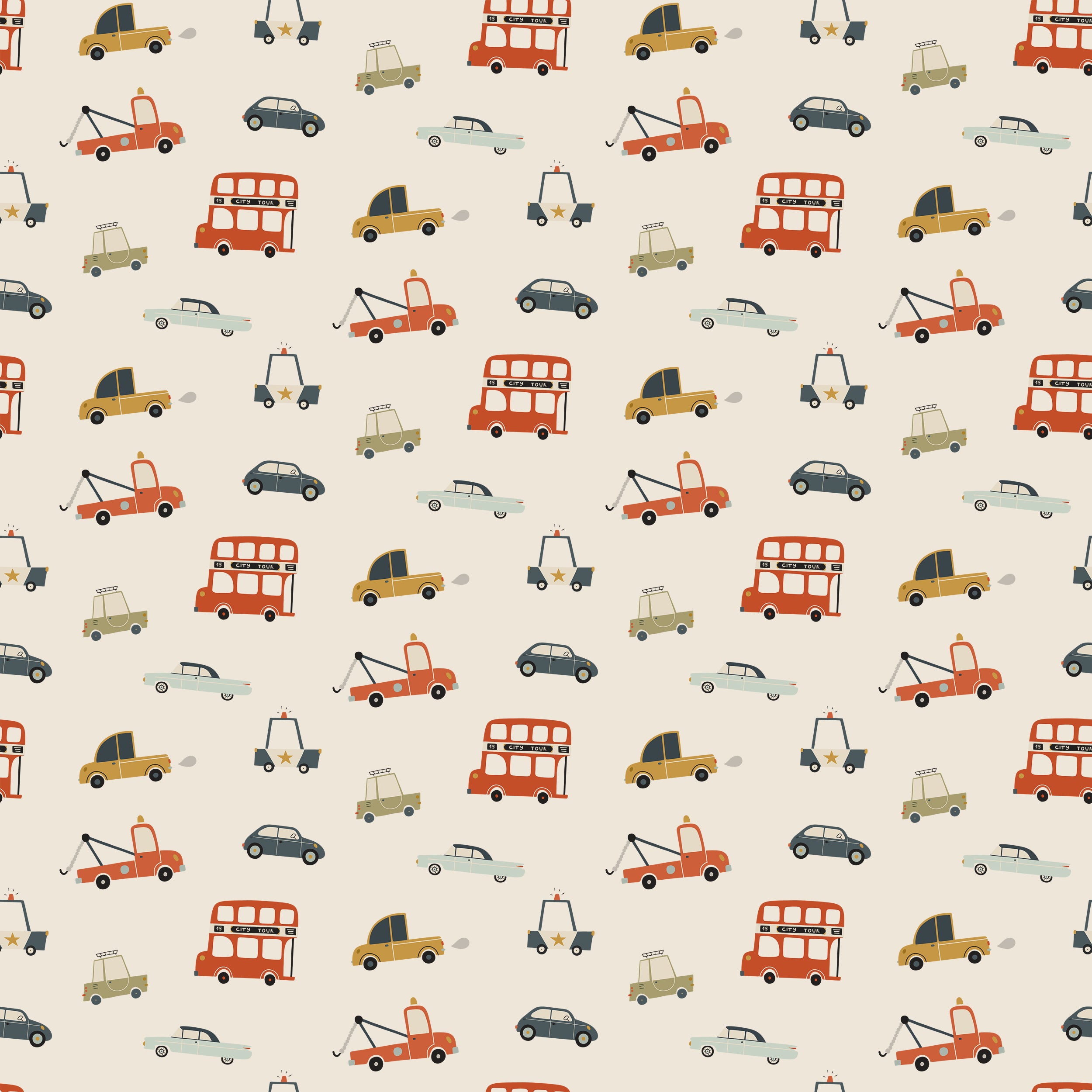 A playful and colorful pattern featuring vintage-inspired trucks and cars in shades of red, yellow, and blue on an ecru background. The Cute Trucks and Cars Wallpaper showcases various vehicles, including double-decker buses and tow trucks, creating a lively atmosphere suitable for children's spaces.