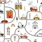 Illustrative Busy Town Wallpaper featuring a complex network of gray roads filled with various vehicles, including cars, ambulances, and buses, alongside colorful buildings, trees, and small landscape details like mountains and rainbows, creating a vibrant and lively urban scene.