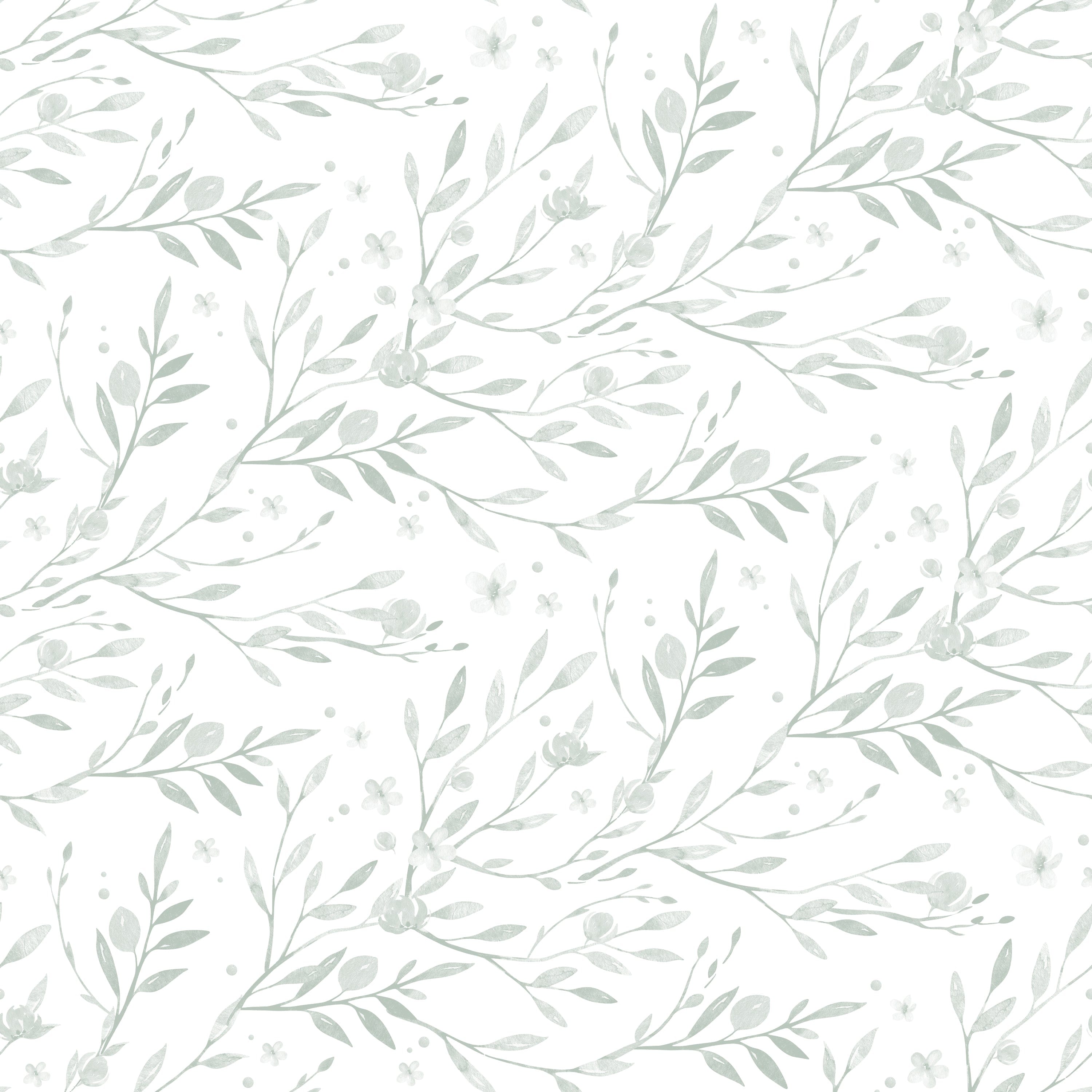A close-up view of the Watercolor Spring Bird Wallpaper - Seafoam, showcasing the intricate, soft seafoam green foliage and tiny flowers that give a tranquil, springtime ambiance to any space.A close-up view of the Watercolor Spring Bird Wallpaper - Seafoam, showcasing the intricate, soft seafoam green foliage and tiny flowers that give a tranquil, springtime ambiance to any space.