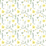Pattern detail of the Spring Field Wallpaper - V, featuring a delightful watercolor-style design with yellow flowers and green leaves on a white background