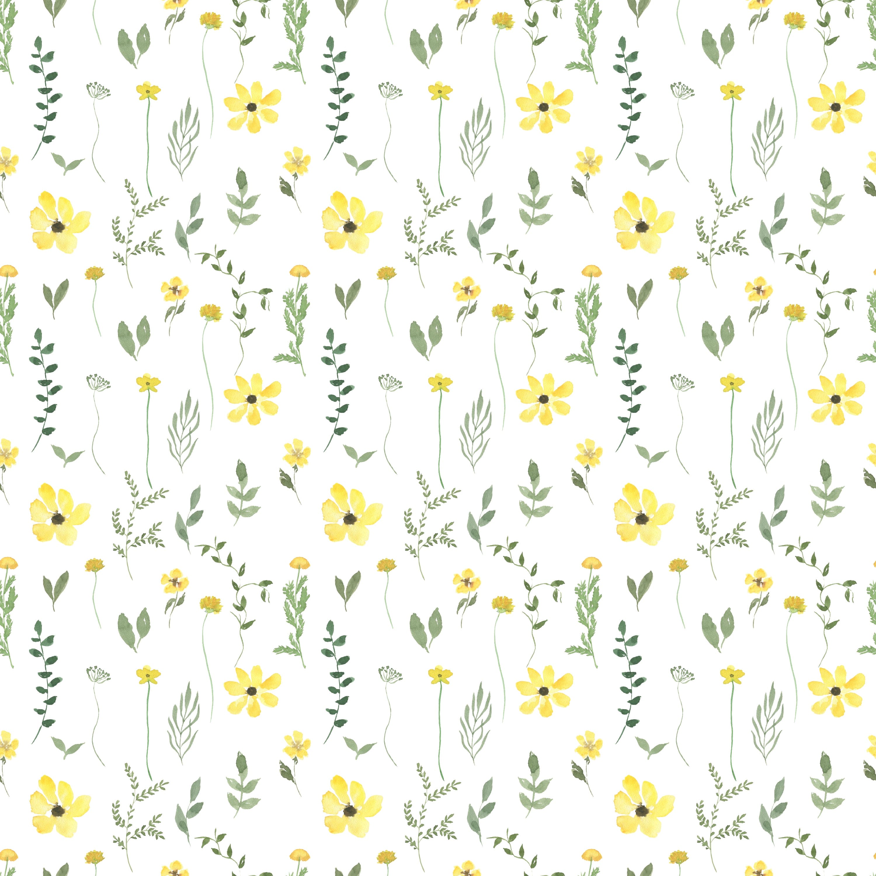 Pattern detail of the Spring Field Wallpaper - V, featuring a delightful watercolor-style design with yellow flowers and green leaves on a white background