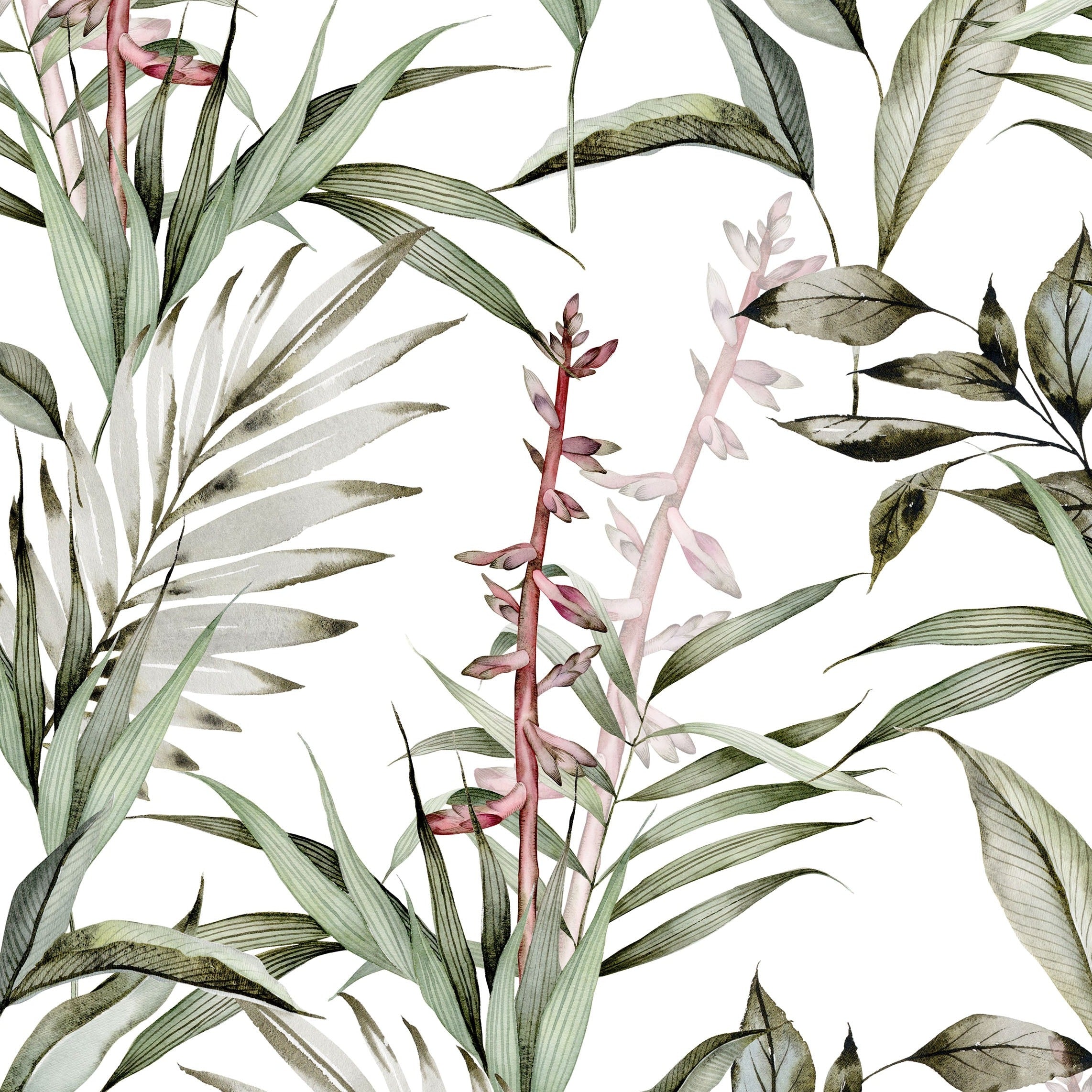 A close-up view of tropical branches wallpaper showcasing an intricate pattern of green leaves and pinkish-red flowers on a light background. The detailed design and natural colors create a lush and refreshing look, perfect for adding a touch of nature to any room.