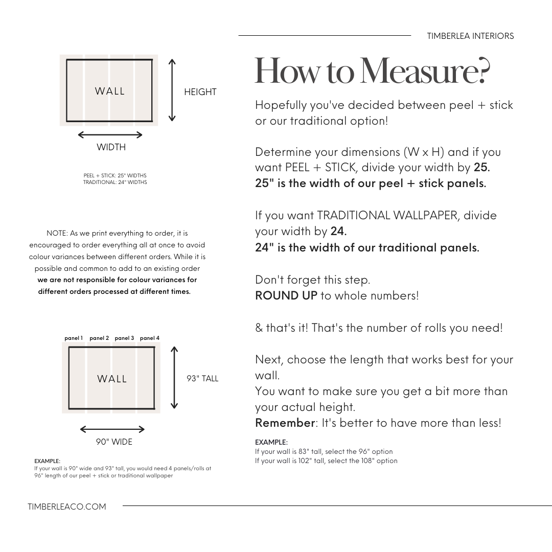 An instructional graphic by Timberlea Interiors titled 'How to Measure', outlining the steps to calculate the amount of wallpaper needed for a wall. It shows an illustration of a wall with directions to divide the wall's width by either 25 or 24 inches, depending on the wallpaper type, along with a note on rounding up to whole numbers for the number of rolls required