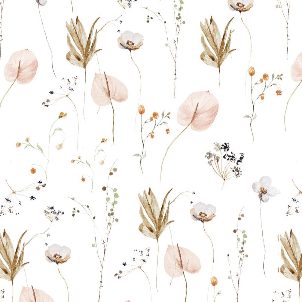 A roll of Ikebana Floral Wallpaper highlighting its artistic floral print with a variety of flowers in bloom, painted in watercolor style with a neutral color palette, ideal for creating a peaceful and harmonious space.