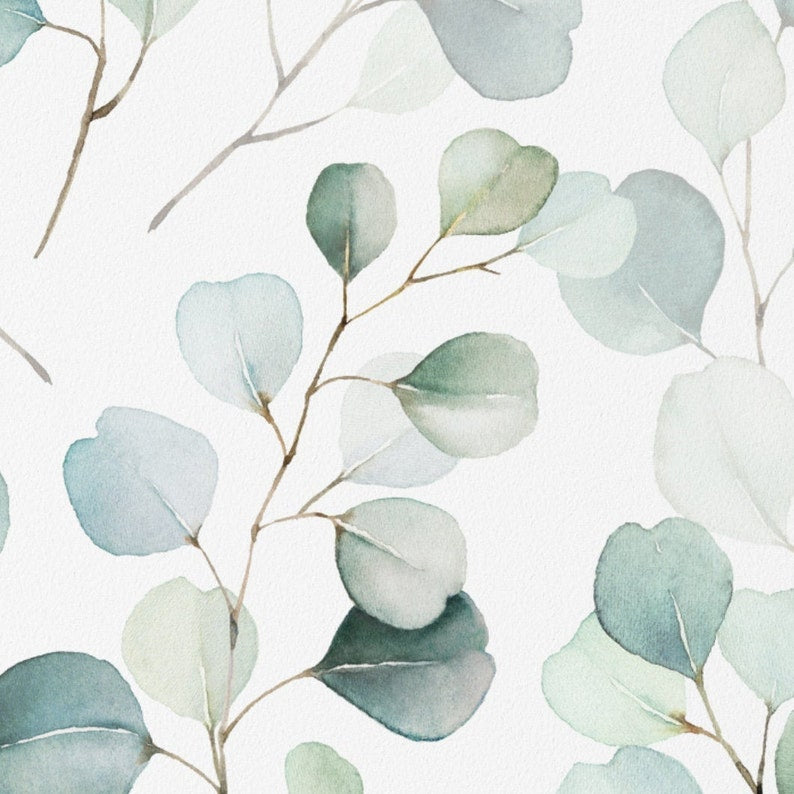 Close-up view of Eucalyptus Wallpaper II showcasing detailed watercolor eucalyptus leaves in soft green and blue hues on a clean white background.