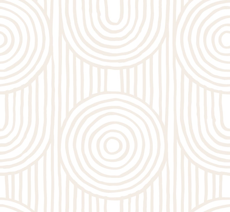 Close-up of the Zen Abstract Wallpaper displaying its intricate design of soft beige concentric circles and ovals on a clean white base, creating a calming and minimalist aesthetic suitable for a peaceful living space.