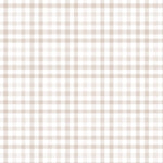 A close-up view of a gingham patterned wallpaper showcasing a beige and white check design. This simple yet elegant wallpaper provides a subtle texture, ideal for creating a warm and inviting ambiance in interior spaces.