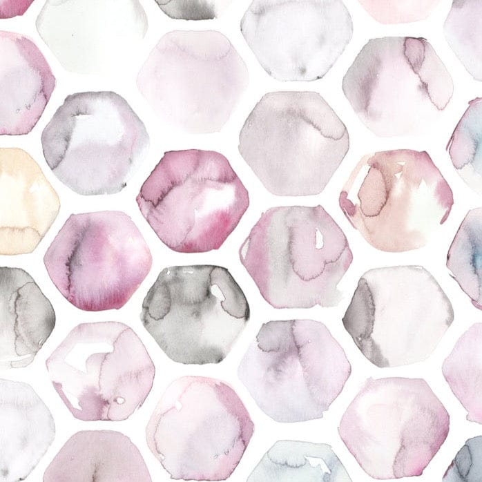 A close-up of the Watercolour Honeycomb Wallpaper highlighting the delicate watercolor textures within hexagonal shapes, each blending a variety of gentle colors to create a visually soothing and dynamic effect on the wall.