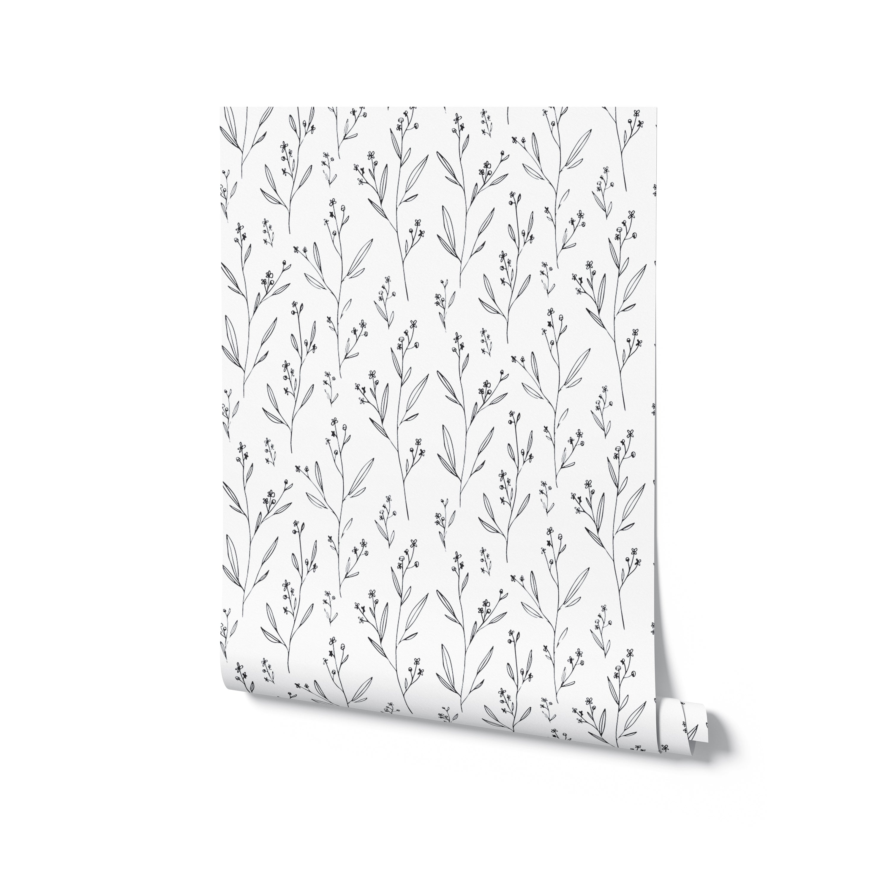 Roll of Dainty Minimal Floral Wallpaper displaying a repeating pattern of delicate linear flowers and leaves, exemplifying a simple yet sophisticated design ideal for modern and minimalist decor styles