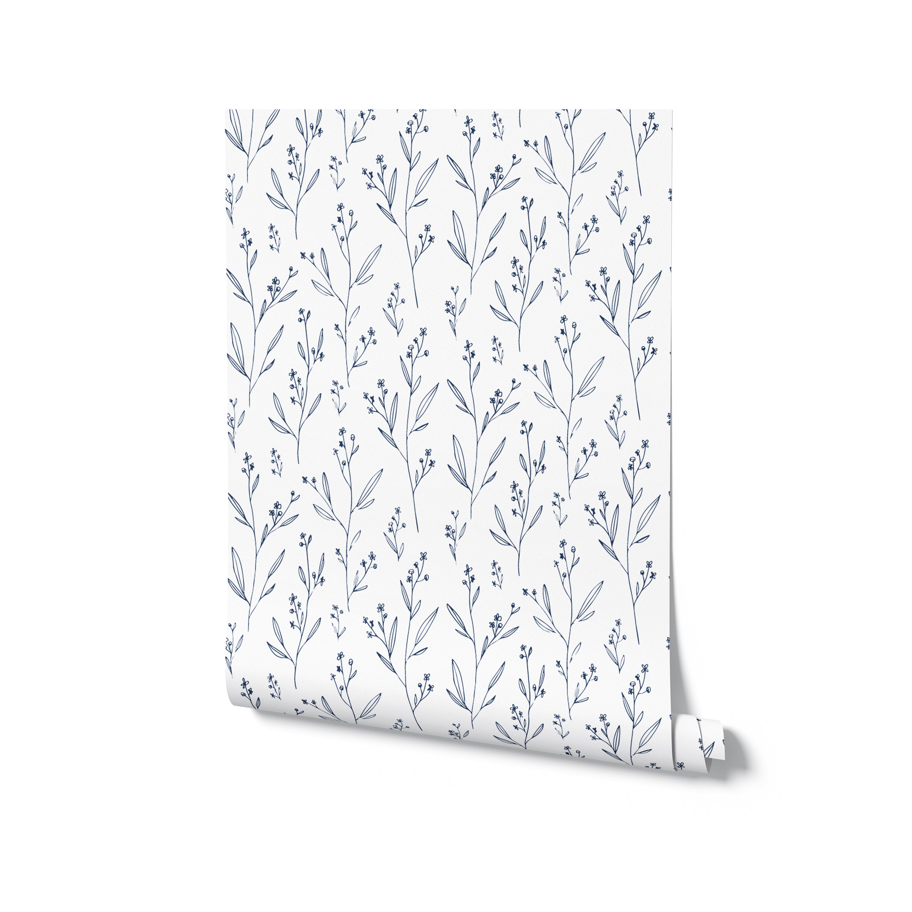 Roll of Dainty Minimal Floral Wallpaper displaying a repeating pattern of delicate linear flowers and leaves, exemplifying a simple yet sophisticated design ideal for modern and minimalist decor styles