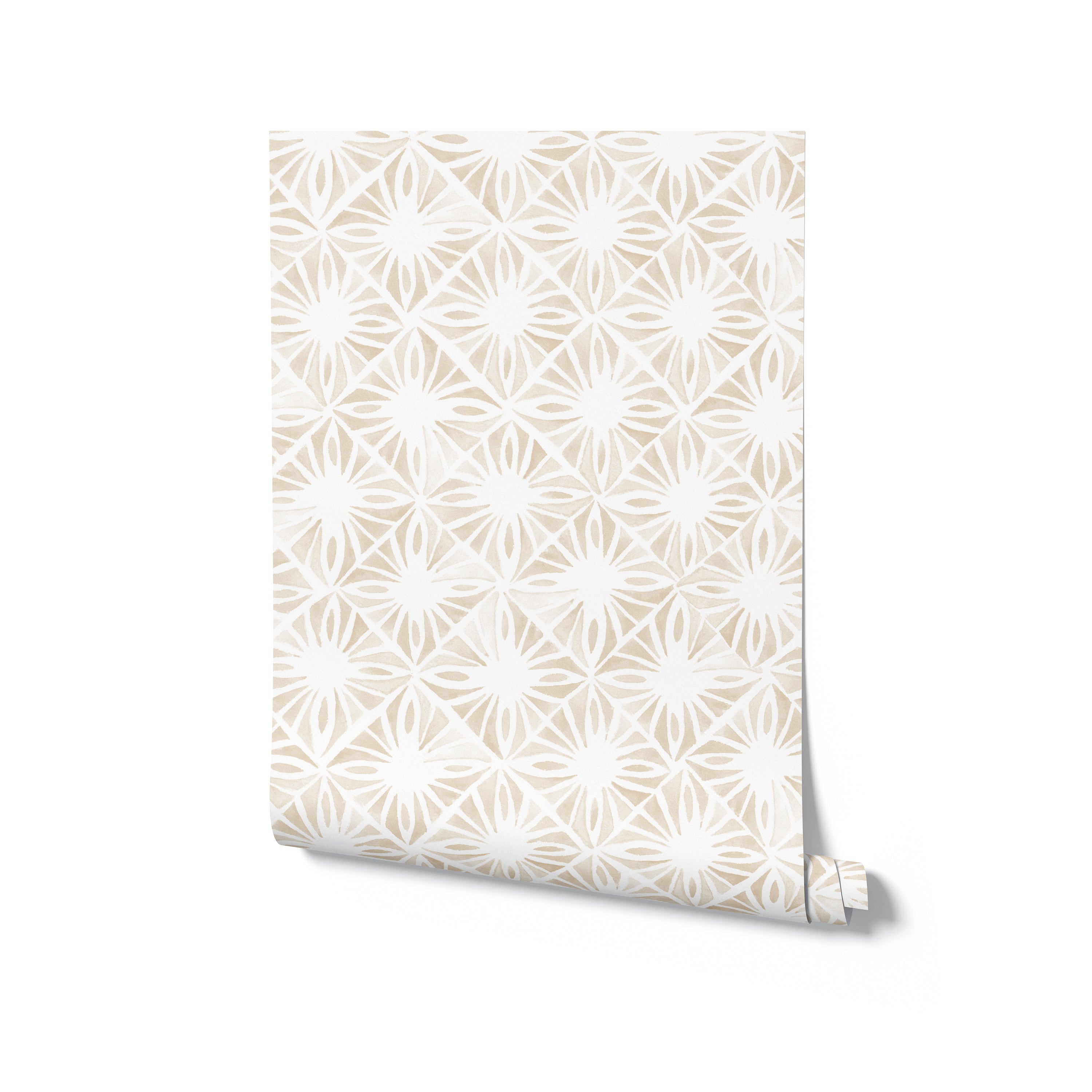 A roll of Moroccan Tile II Wallpaper unfurled slightly to reveal a detailed white and almond geometric pattern, reminiscent of classic Moroccan design, perfect for adding a sophisticated global touch to any interior space.