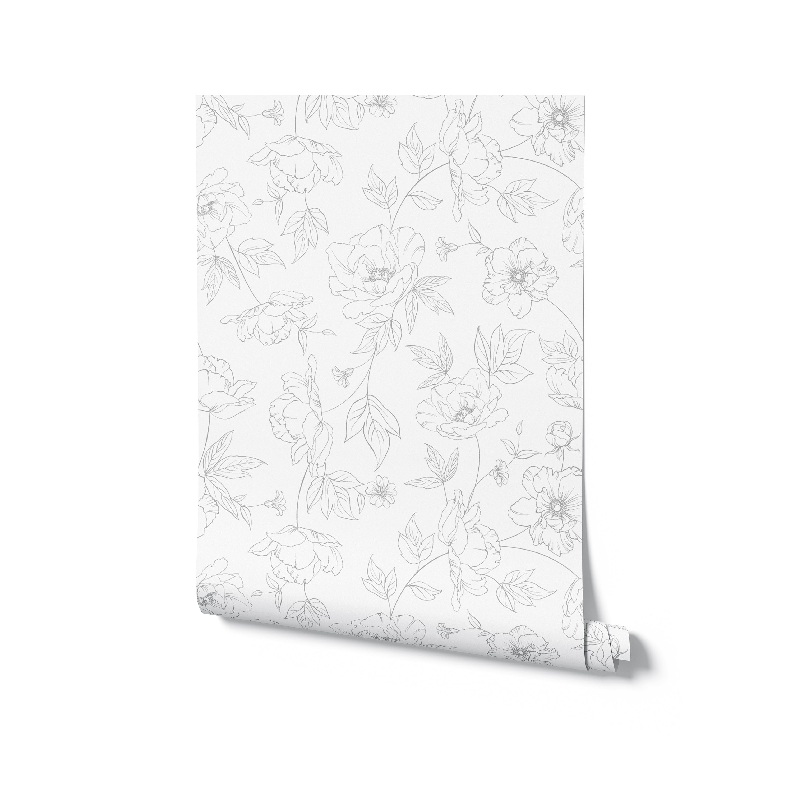 Close-up of a rolled Dainty Floral Line Wallpaper with intricate line-drawn flowers, ready to transform any room with its subtle charm