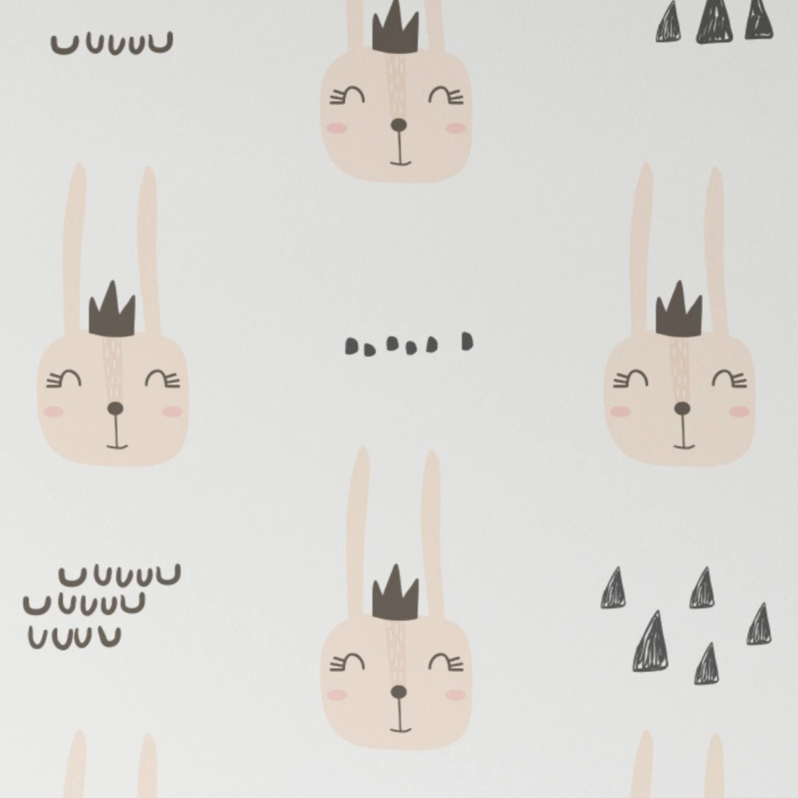 A close-up view of Cute Bunnies Wallpaper showcasing a pattern of adorable bunny faces with neutral pastel tones. The wallpaper features minimalist bunny illustrations with details like eyes, whiskers, and playful geometric shapes, ideal for a soft, serene nursery decor.