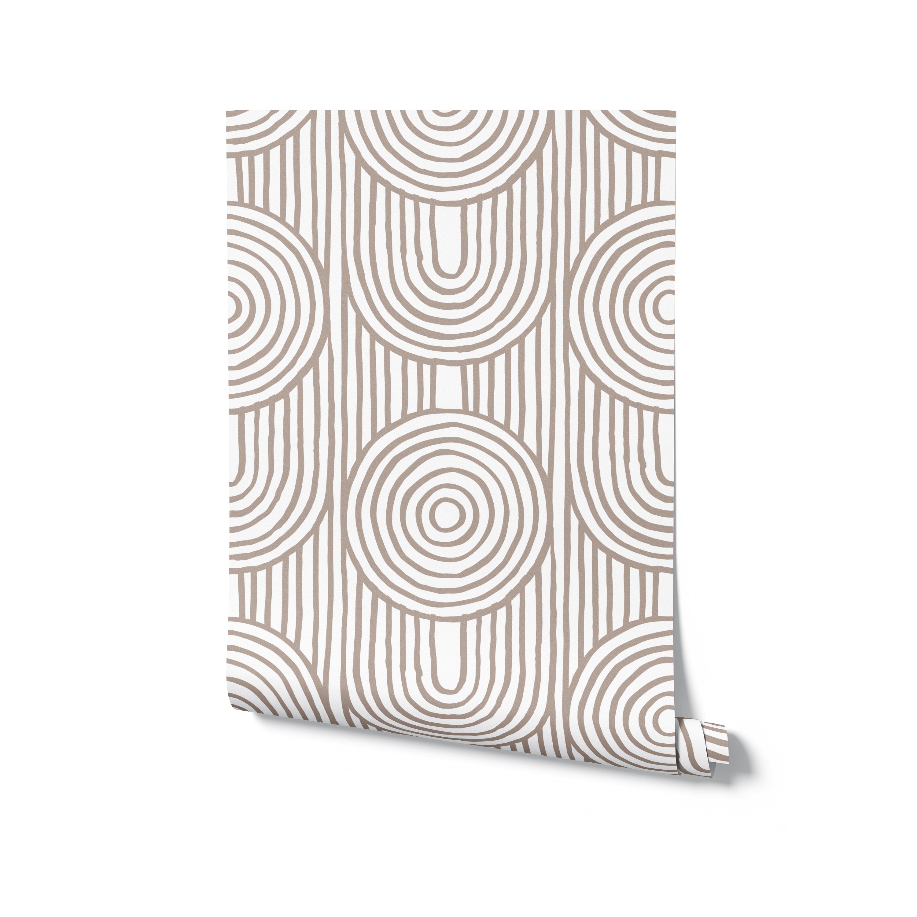 A roll of Zen Abstract Wallpaper, elegantly unrolled at one corner to reveal its calming pattern of beige concentric circles on a white background, representing a sophisticated choice for adding a peaceful ambiance to any room