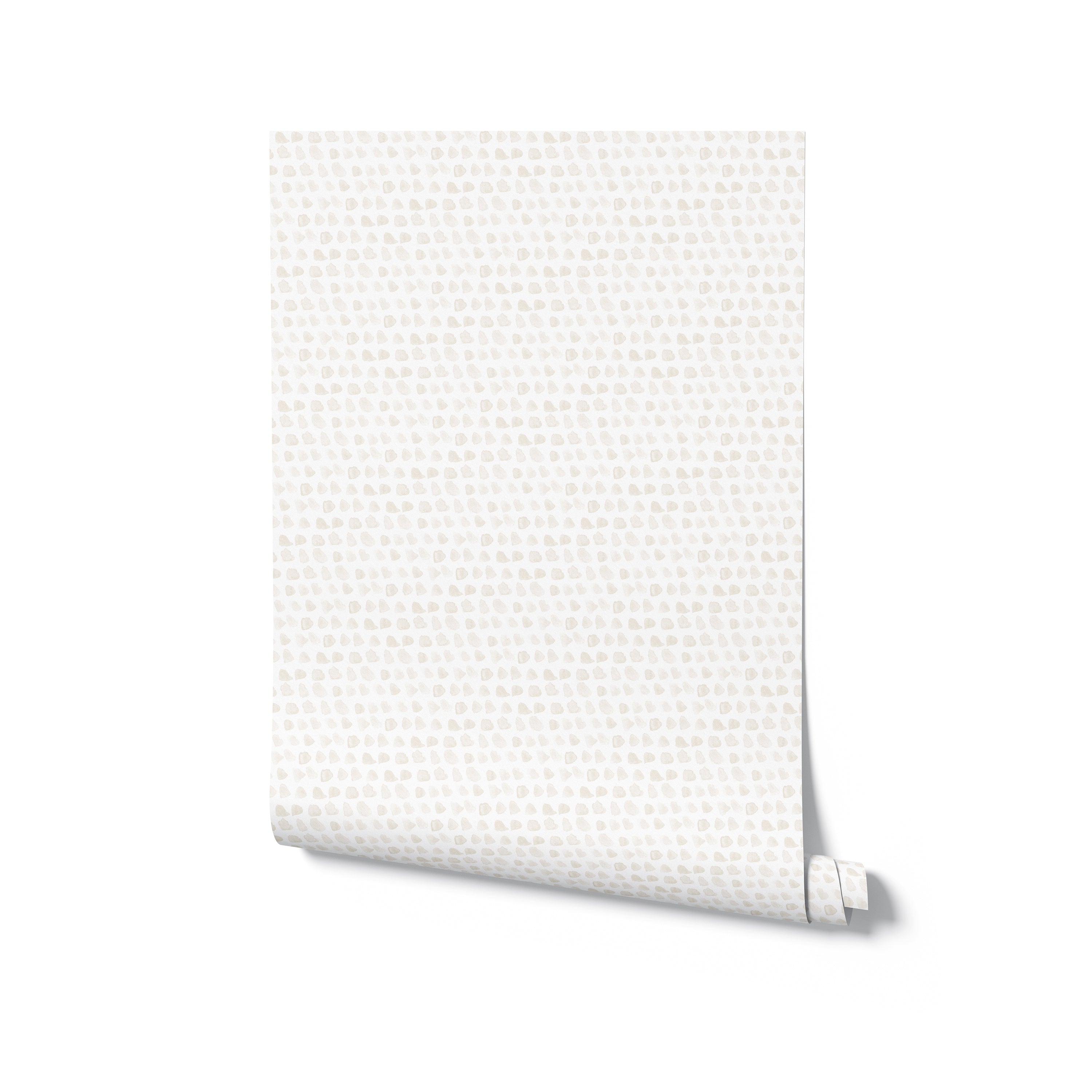 A realistic mockup of the Handpainted Dots Wallpaper rolled up and standing against a white background. The wallpaper features a delicate pattern of painted dots on a ecru surface, illustrating the wallpaper's texture and color as it would appear when applied to a wall.