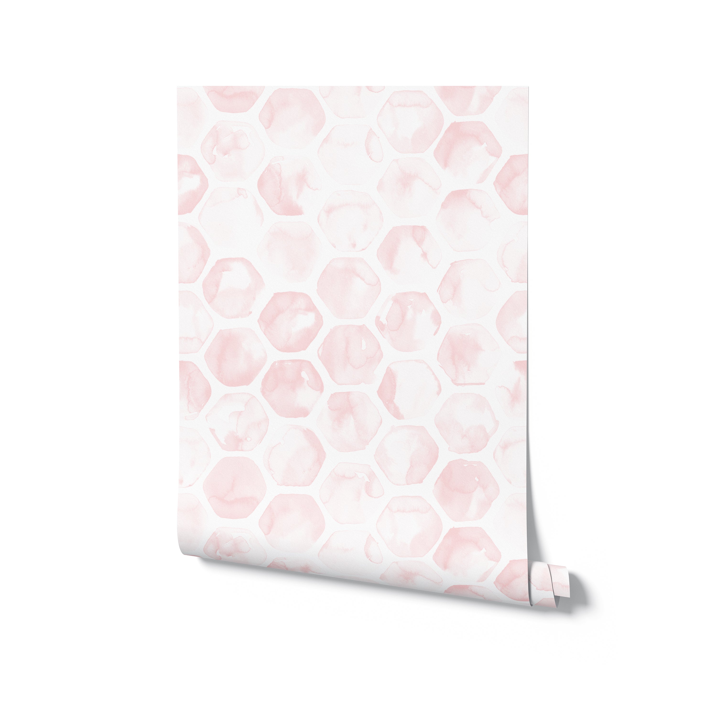 "A roll of Watercolour Honeycomb Wallpaper with the design visible on the partially unrolled end, illustrating the pattern's variation in watercolor intensity and shape irregularity, against a pure white background."